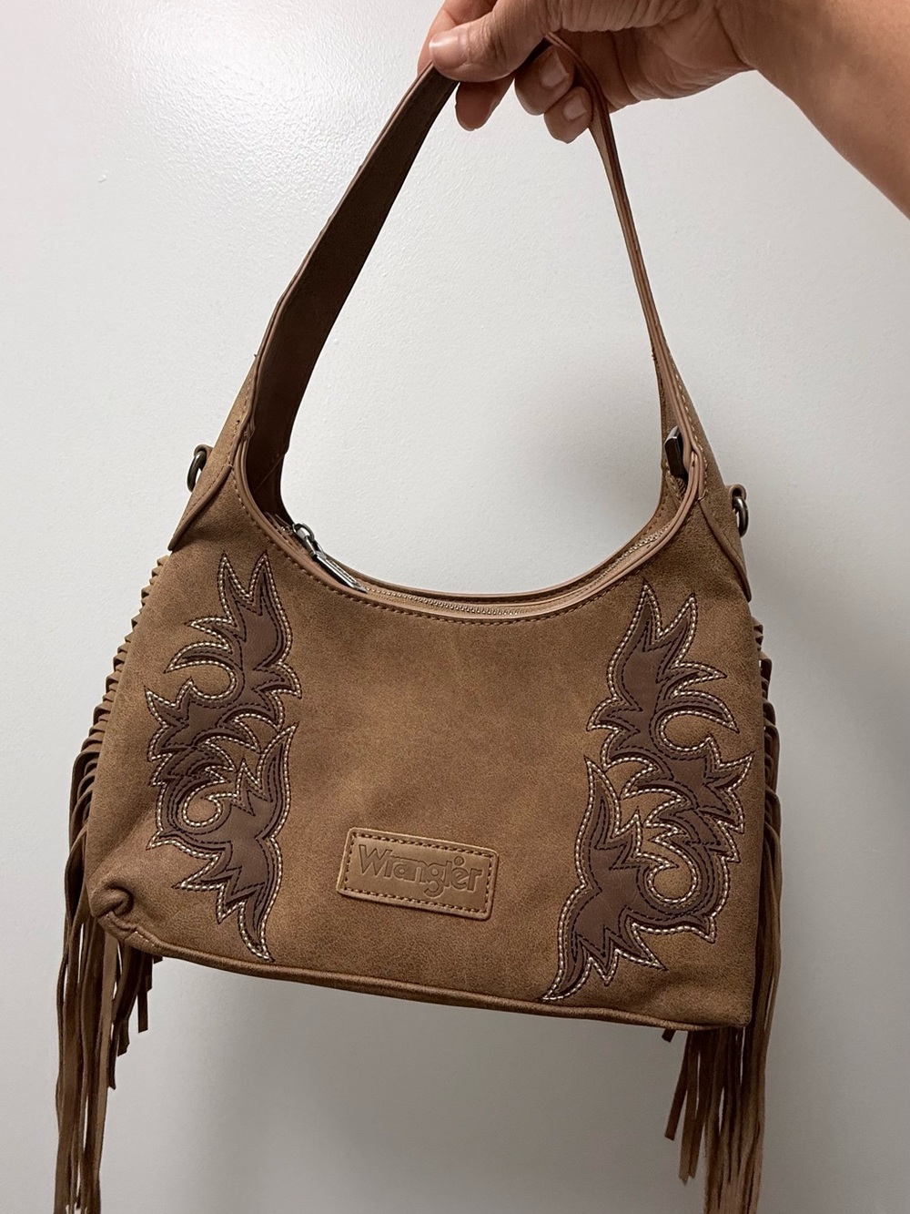 Wrangler Tan Suede Fringe Shoulder Bag with Embroidered Accents